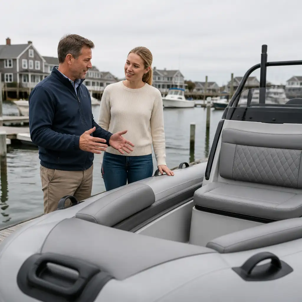 Two people talking beside gray inflatable boat at dock