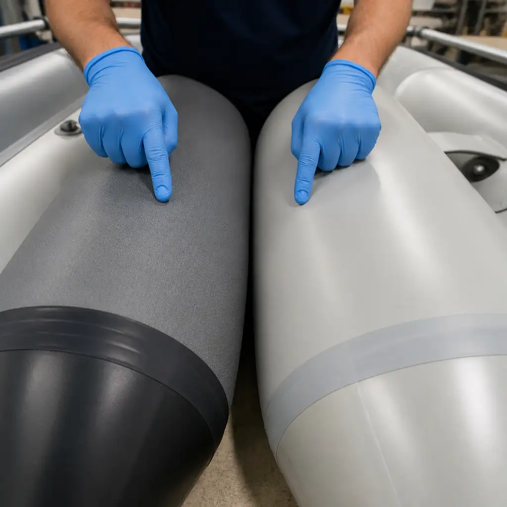 Gloved hands pointing at dark textured and smooth light tubes