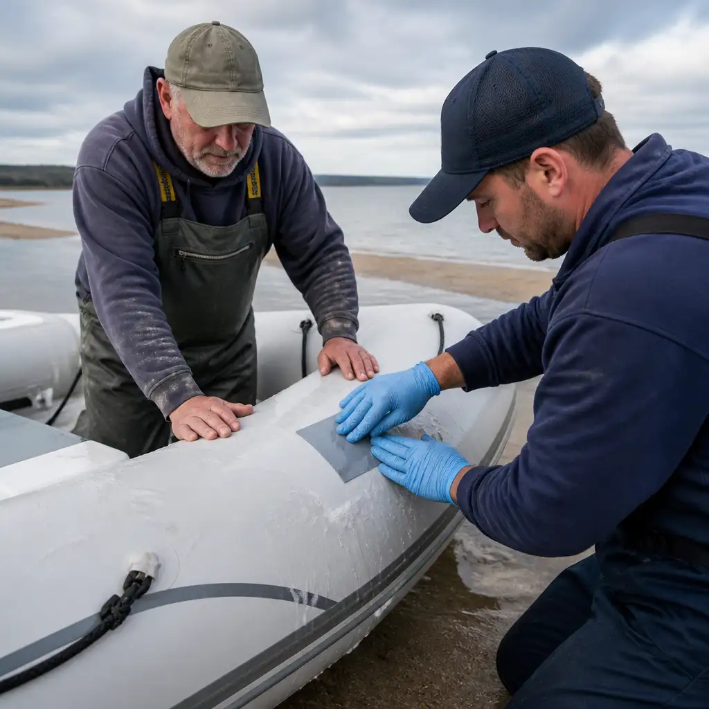 Two men patching inflatable boat tube on sandy shoreline