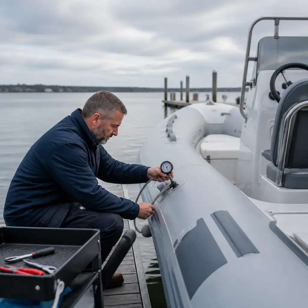 man kneeling on dock checking boat tube pressure gauge