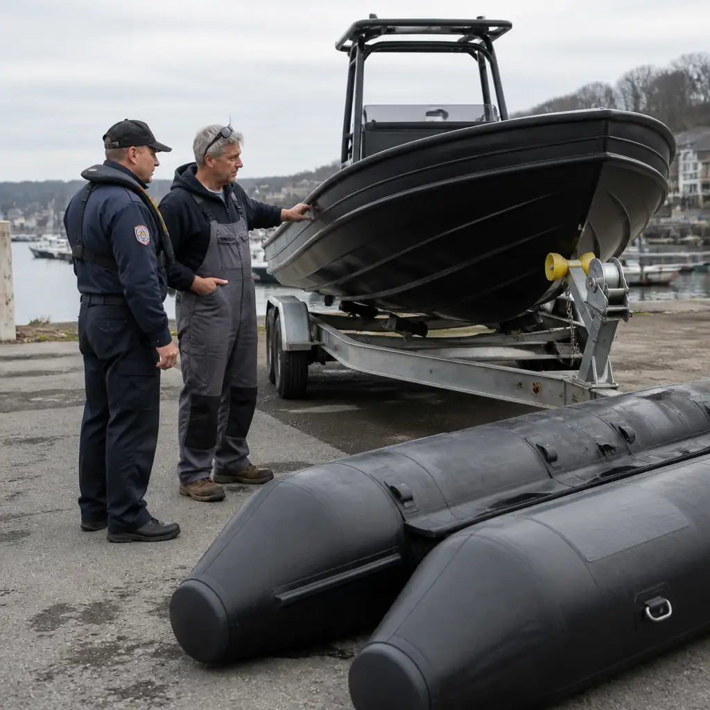 Two men inspecting boat hull on trailer near inflatable tubes