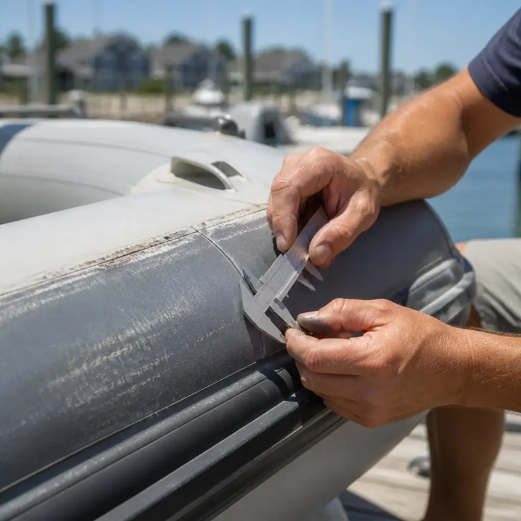 Hands measuring seam with calipers on worn inflatable boat tube