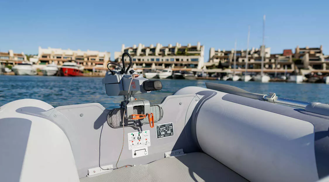 Inflatable boat electric motor setup and rear transom detail