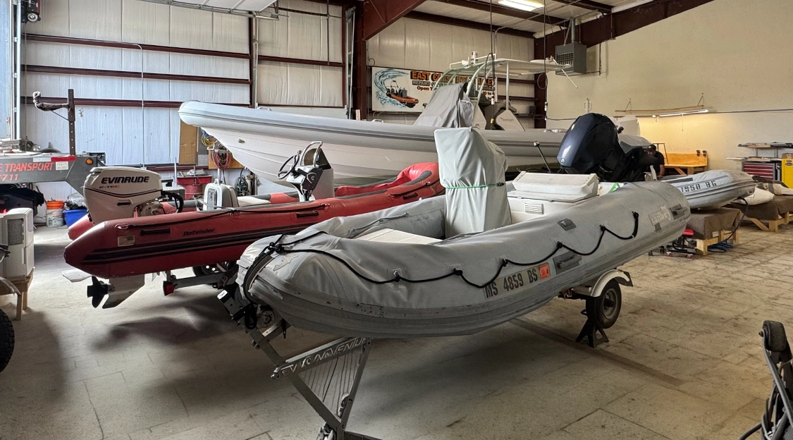 Inflatable boat restoration in workshop