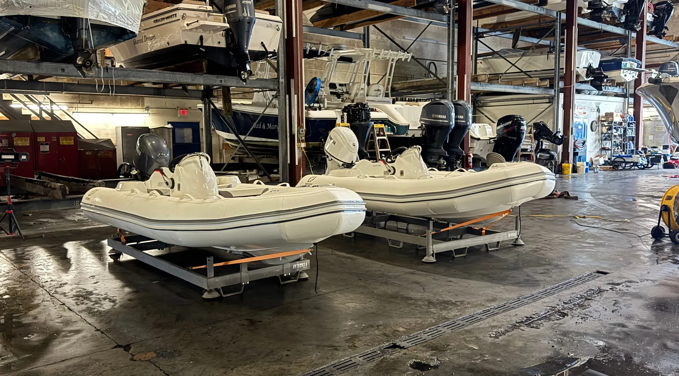 Inflatable boats in marine service facility